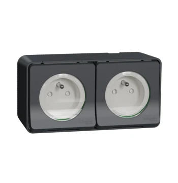 Double prise MUREVA STYL - 2P+T précâblée horiz - saillie - IP55 - IK08 - gris