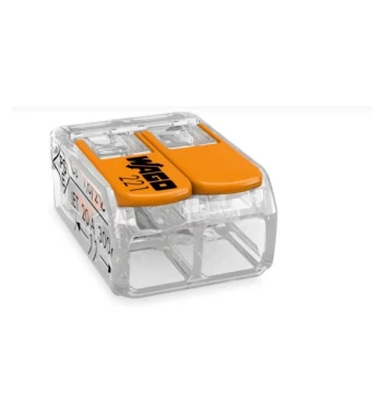 Borne Mini de connection universelle WAGO 221, 2 entrées maximum 4MM² à leviers 32A pour fil souple et rigide T°ambiante maximum 85°C  BTE 100 orange