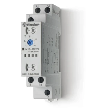 Relais temporisé modulaire multifonction multitension 1RT 16A 12 à 240V AC/DC, bornes à cage, 6 plages de temps de 0,1s à 24h