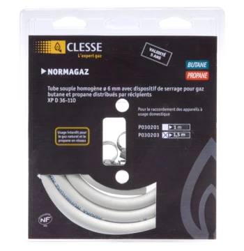 Tube flexigaz P0302 butane-propane diam.6.3 avec 2 colliers long.1.50 ml garantie 5 ans
