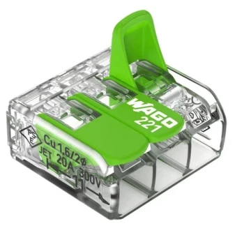 Borne de connexion WAGO 221 Green 3x4 mm² à levier transparent 3 conducteurs - Réf. 3593920
